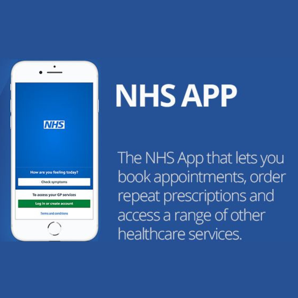 blue background with a phone and text that reads 'the nhs app lets you book appointments, order repeat prescriptions and access a range of other healthcare services'